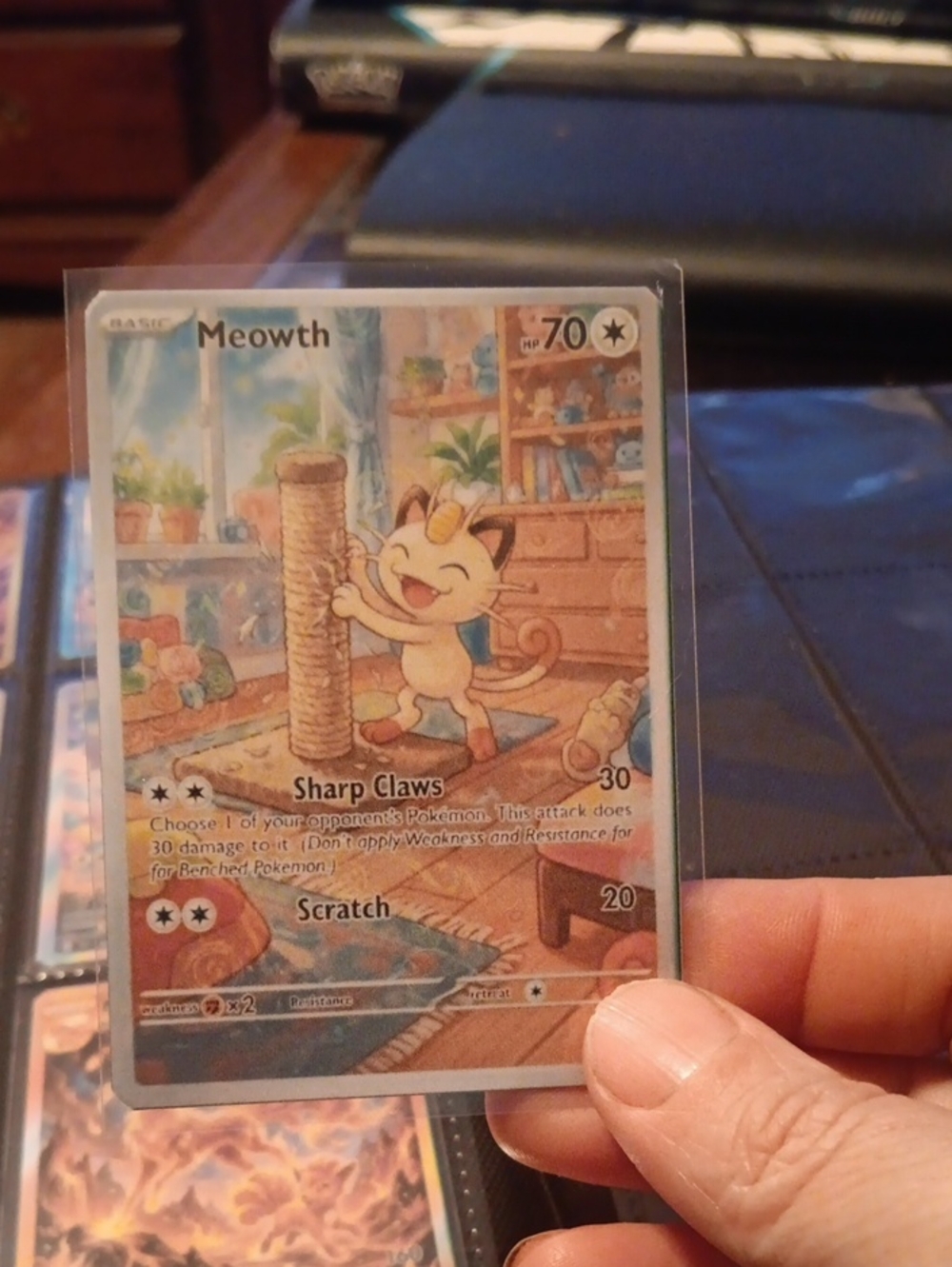 Pokemon Meowth Trading Card - Beige, Brown, Blue Artwork